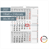3-Monatskalender 2027 | grau, 30×39 cm