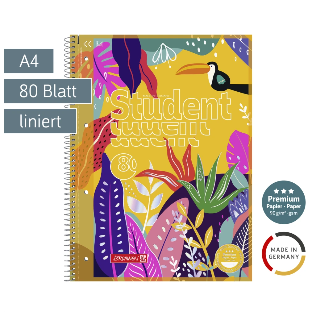 Collegeblock Premium Student „Tropical“ | A4, Lineatur 27, 80 Blatt, mehrfarbig
