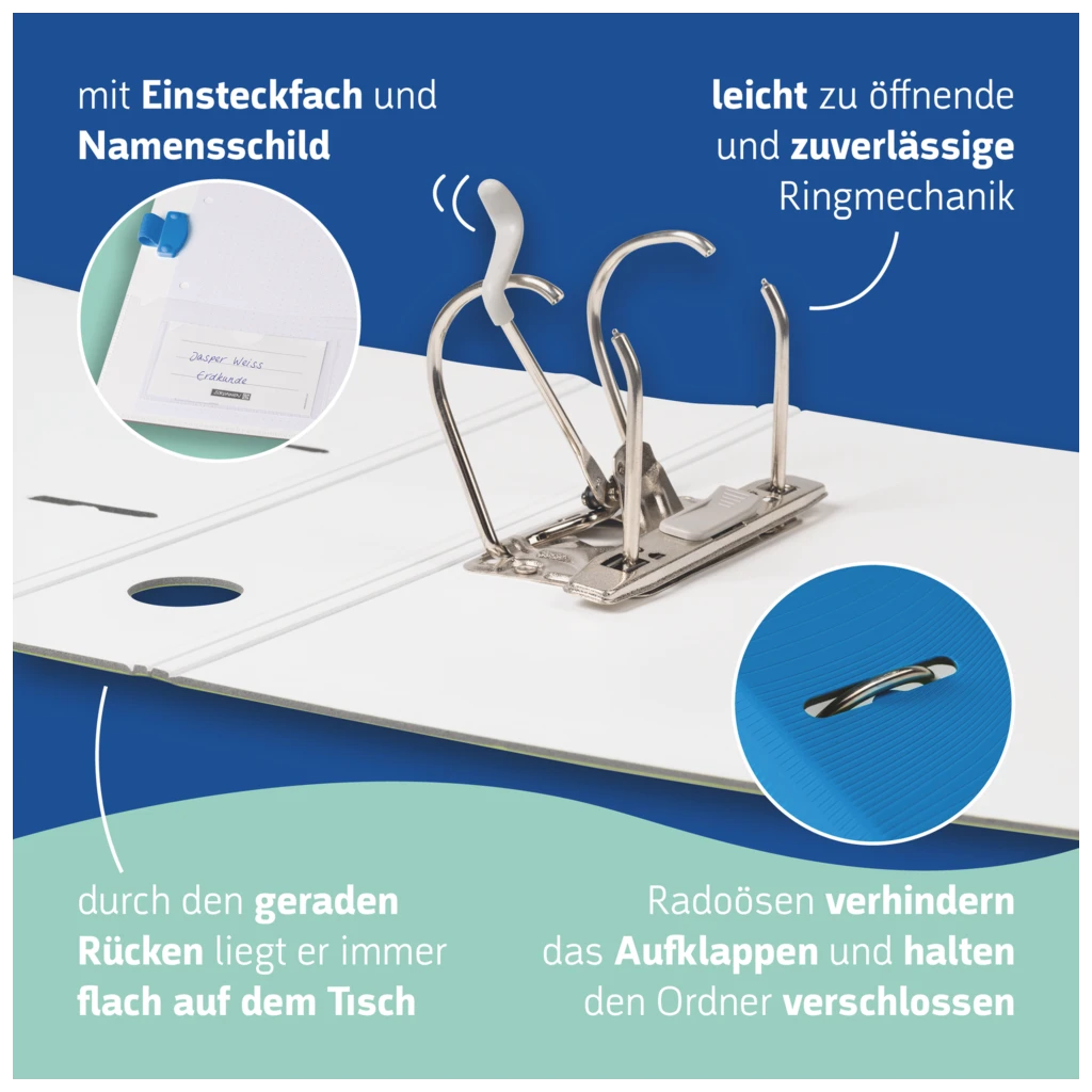Ordner „WAVE“ Colour Code | A4, 50 mm, Hebelmechanik mit gummiertem Griff, azur