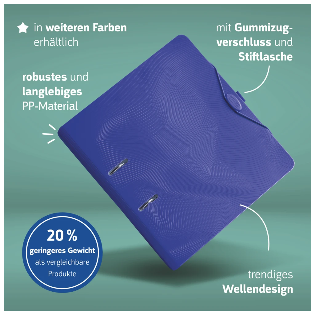 Ordner „WAVE“ | A4, 50 mm, Hebelmechanik mit gummiertem Griff, blau