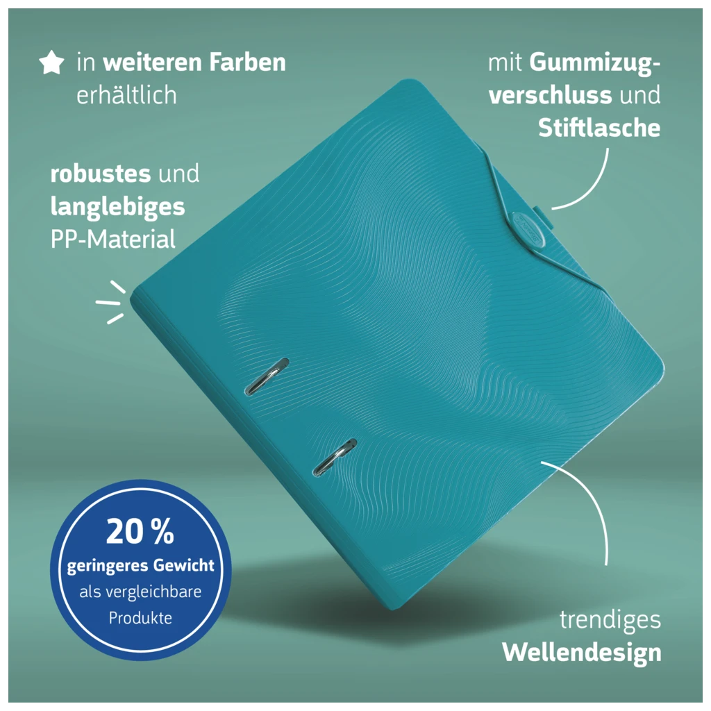 Ordner „WAVE“ | A4, 70 mm, Hebelmechanik mit gummiertem Griff, türkis