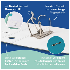 Ordner „WAVE“ | A4, 70 mm, Hebelmechanik mit gummiertem Griff, türkis