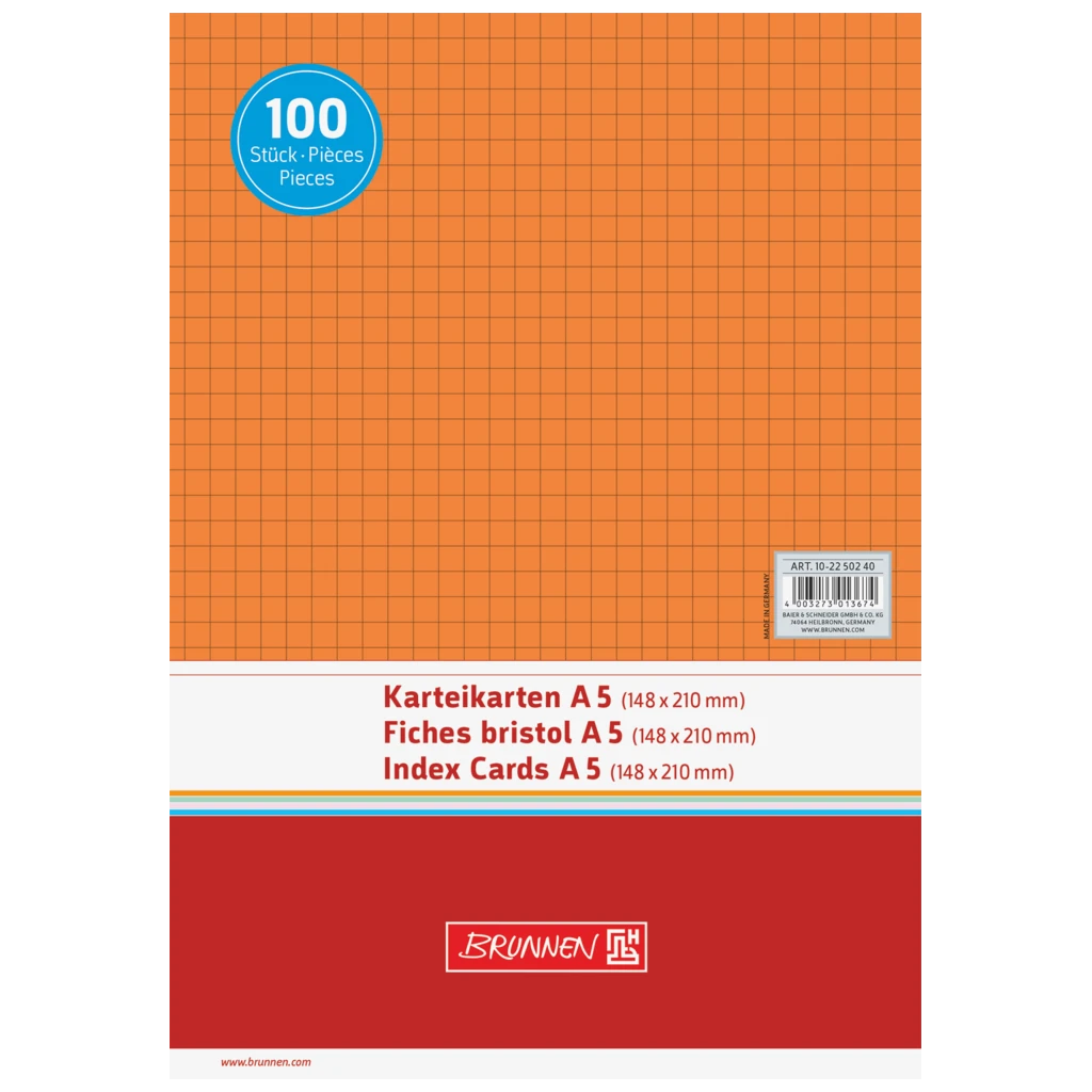 Karteikarten | 210×148 mm, A5, 5 mm kariert, orange, 100 Stück