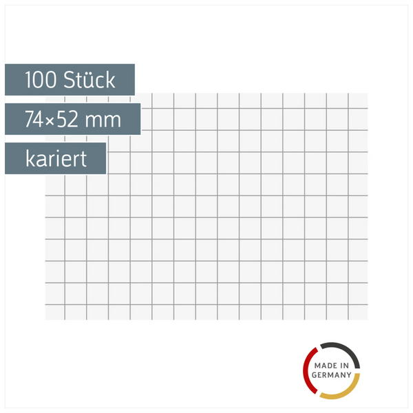Karteikarten | 74×52 mm, A8, 5 mm kariert, weiß, 100 Stück