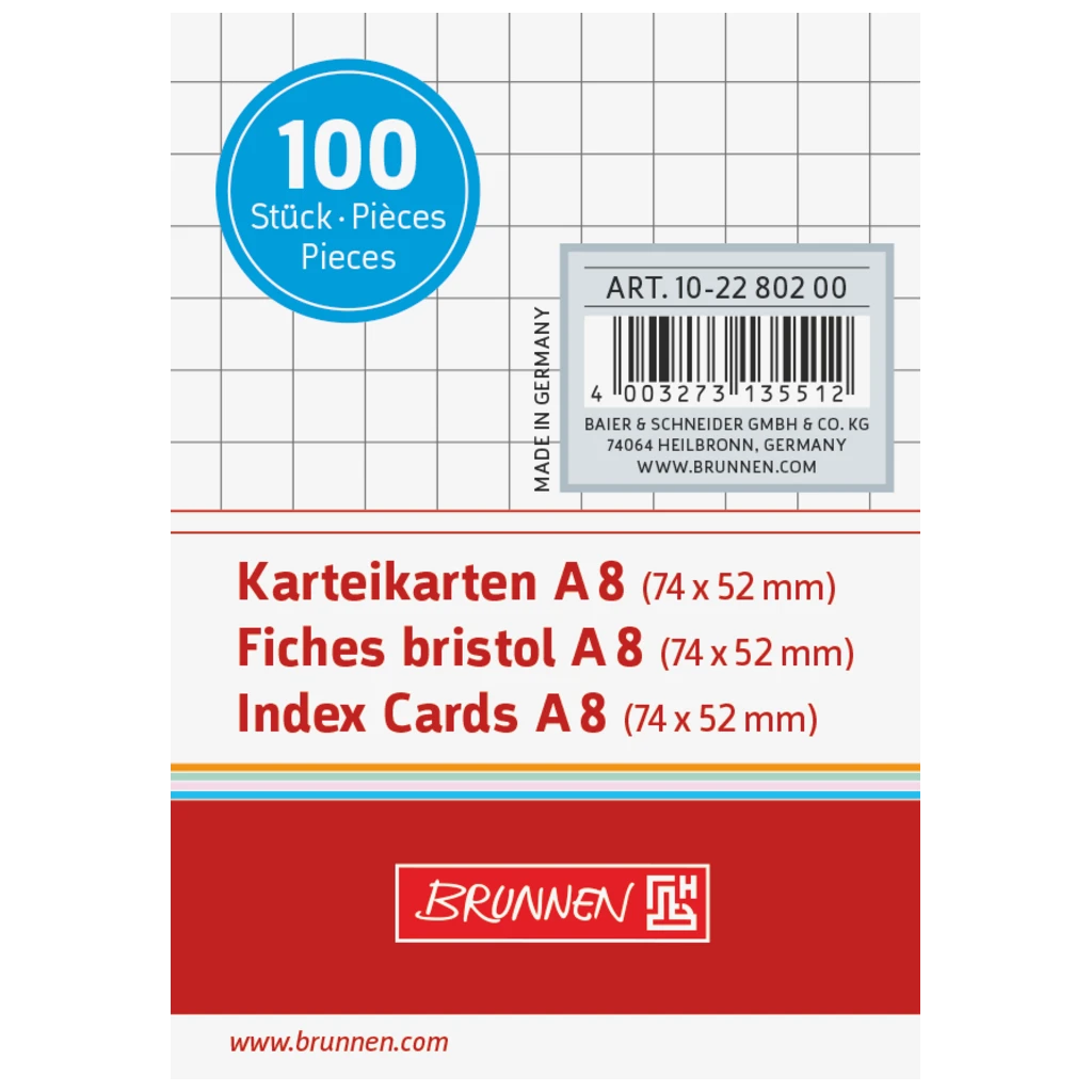 Karteikarten | 74×52 mm, A8, 5 mm kariert, weiß, 100 Stück
