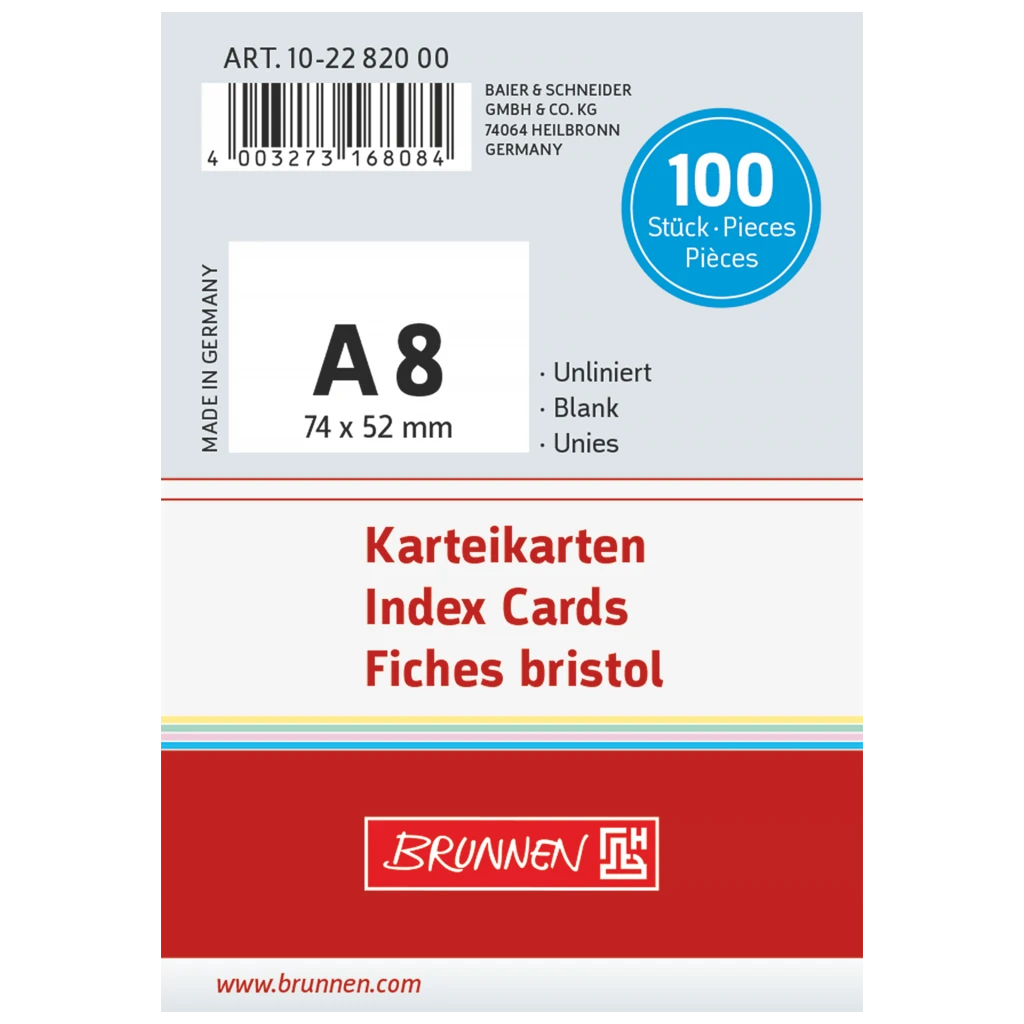 Karteikarten | 74×52 mm, A8, unliniert, weiß, 100 Stück