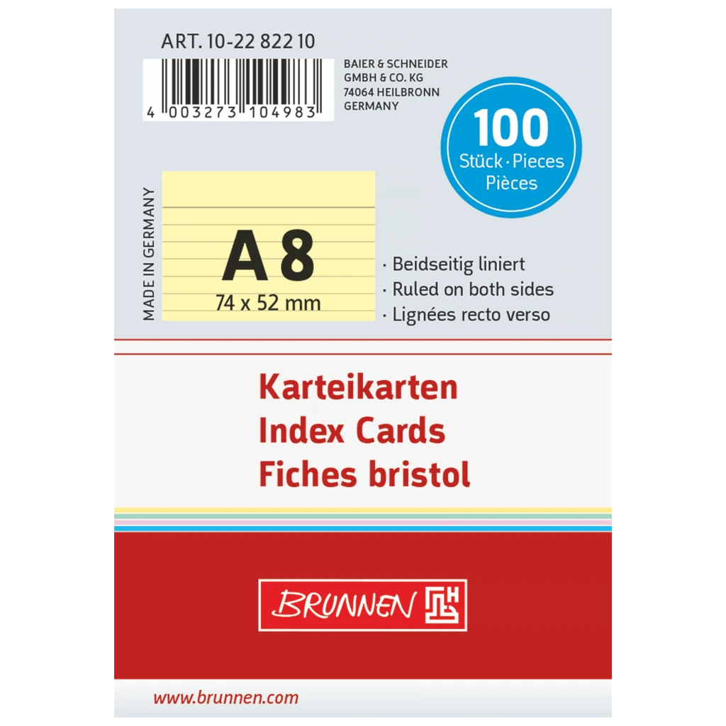 Karteikarten | 74×52 mm, A8, liniert, gelb, 100 Stück