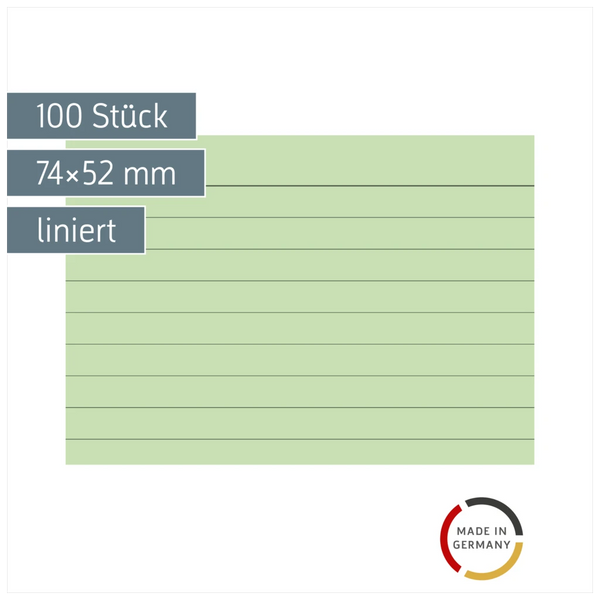 Karteikarten | 74×52 mm, A8, liniert, grün, 100 Stück