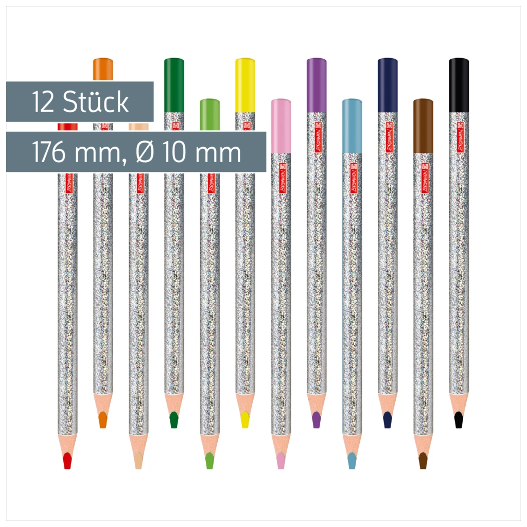 Dicke Buntstifte-Set Happy Hippie | Dreikantform, silber irisierend, 12 Stück
