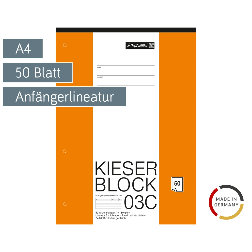 KIESER-Block gelocht | A4, Lineatur 3, 50 Blatt, mehrfarbig