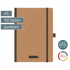 Notizbuch Premium FACT!plus Kladde | A5, punktiert, Gummizugverschluss, braun
