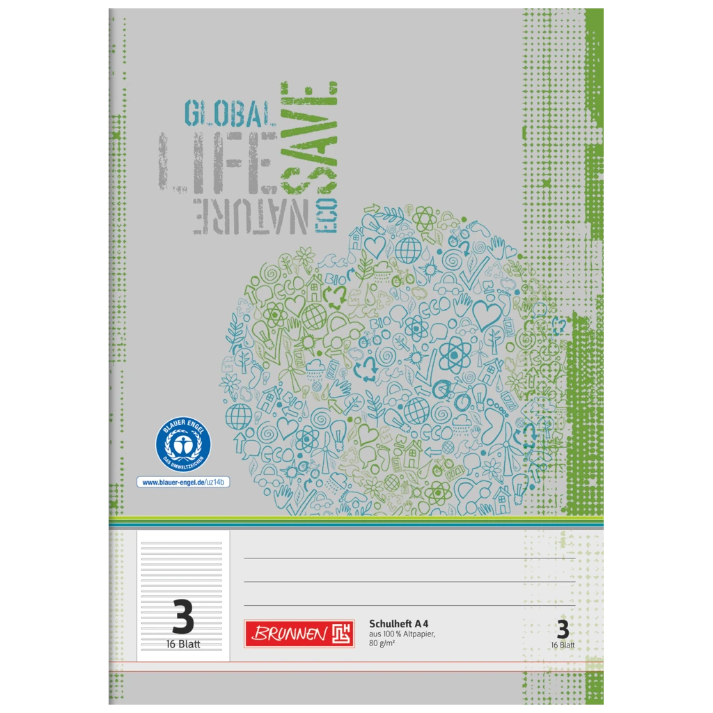 Schulheft Recycling | A4, Lineatur 3, 16 Blatt, grün/grau