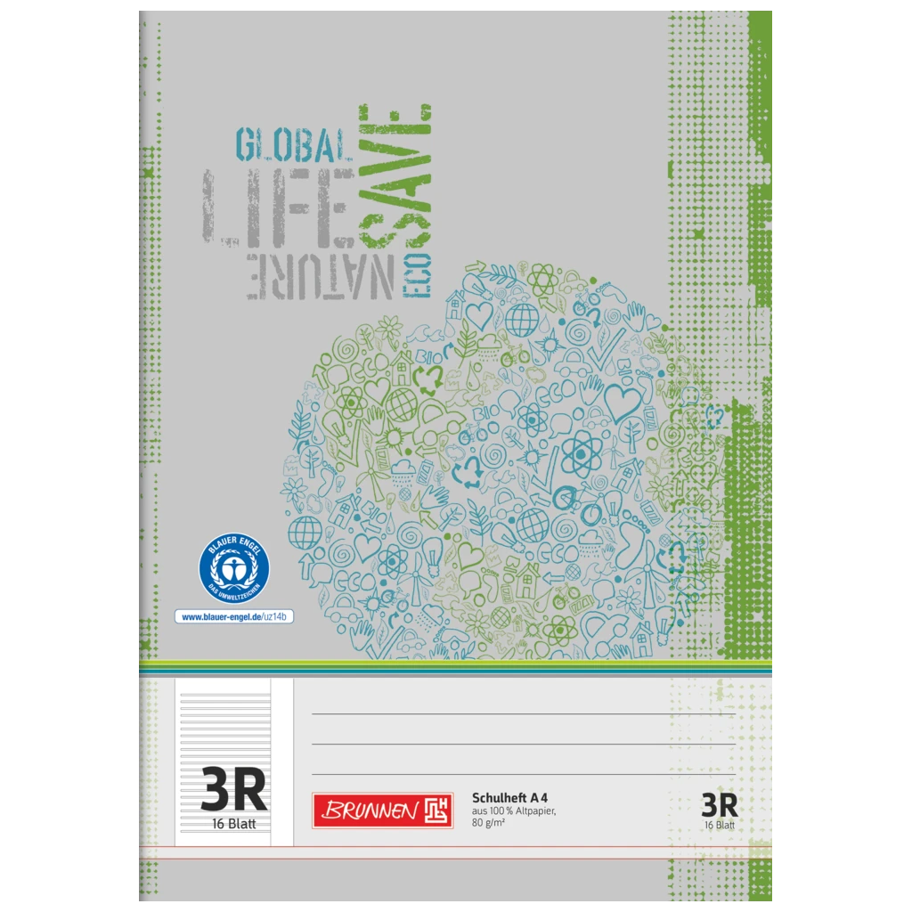Schulheft Recycling | A4, Lineatur 3R, 16 Blatt, grün/grau