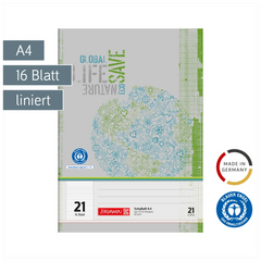 Schulheft Recycling | A4, Lineatur 21, 16 Blatt, grün/grau