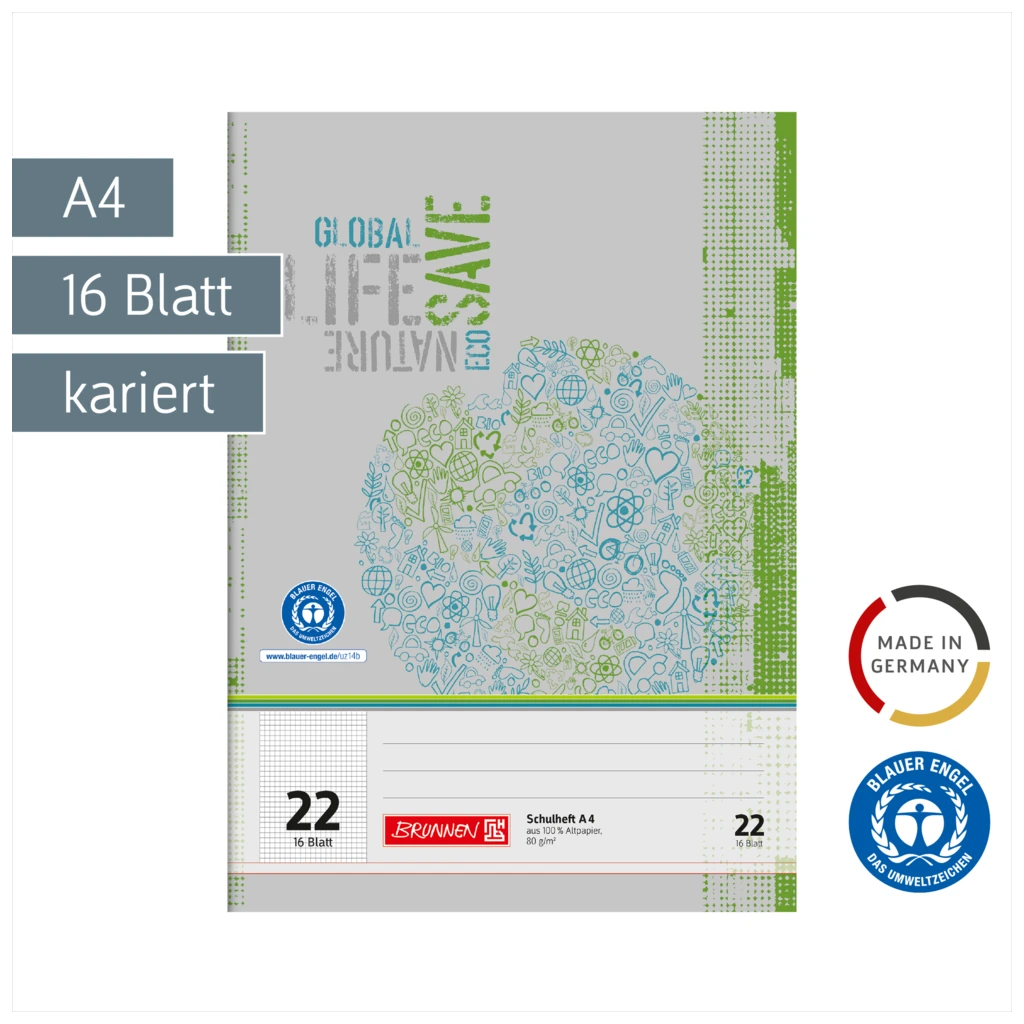 Schulheft Recycling | A4, Lineatur 22, 16 Blatt, grün/grau
