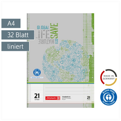 Schulheft Recycling | A4, Lineatur 21, 32 Blatt, grün/grau