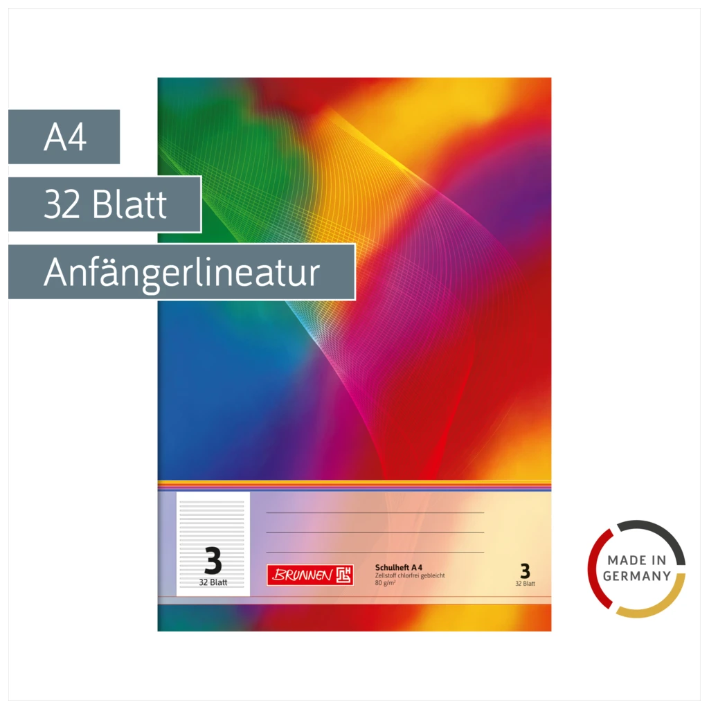 Schulheft | A4, Lineatur 3, 32 Blatt, mehrfarbig