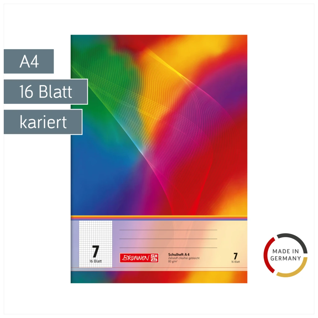 Schulheft | A4, Lineatur 7, 16 Blatt, mehrfarbig