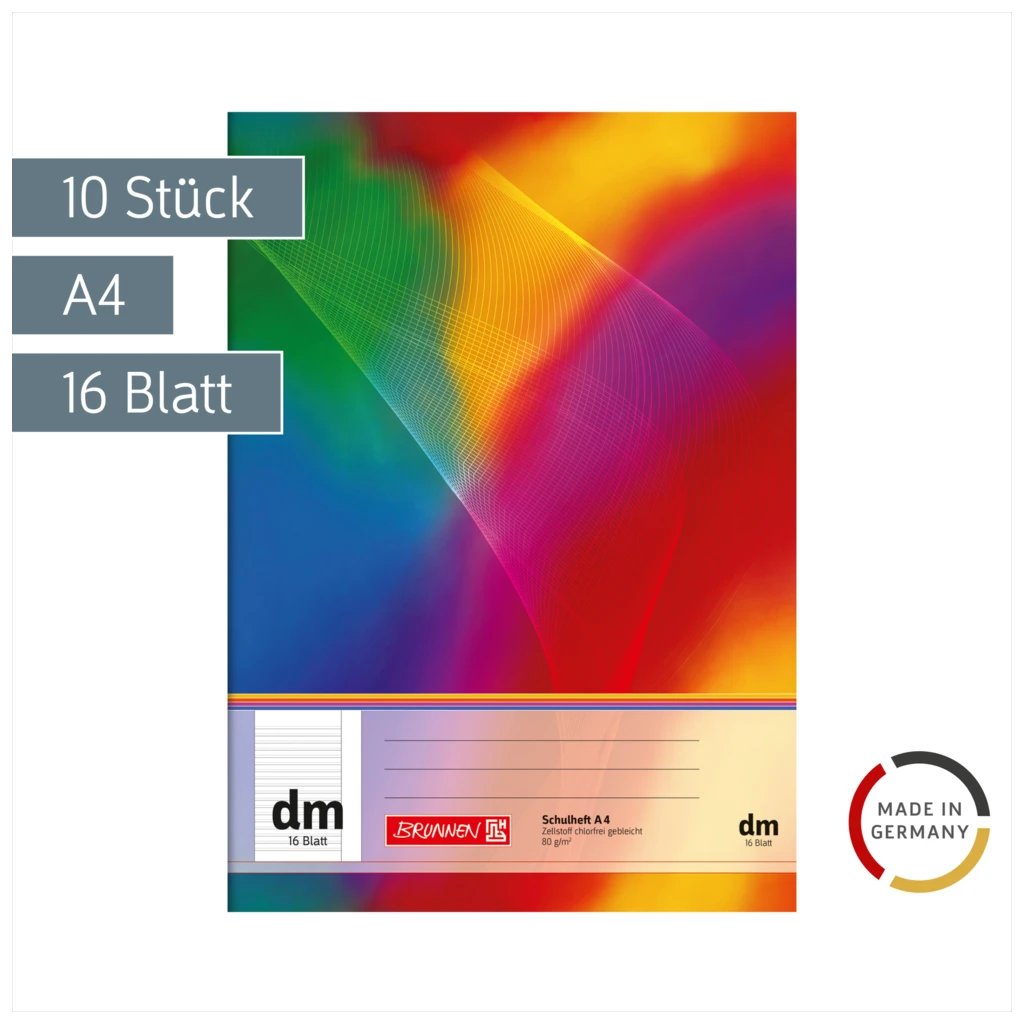 Schulhefte | A4, Lineatur dm, 16 Blatt, mehrfarbig, 10 Stück