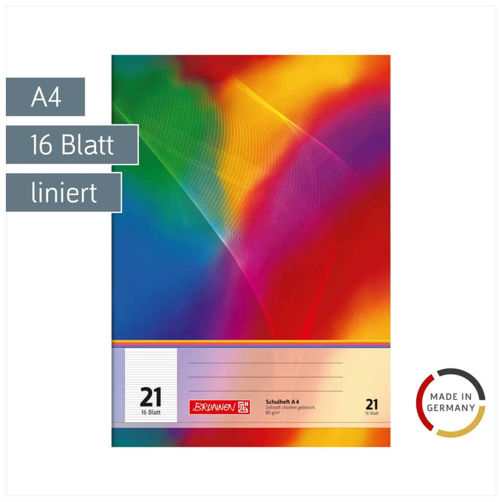 Schulheft | A4, Lineatur 21, 16 Blatt, mehrfarbig