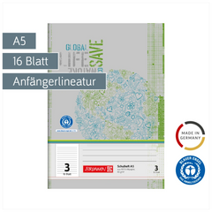 Schulheft Recycling | A5, Lineatur 3, 16 Blatt, grün/grau