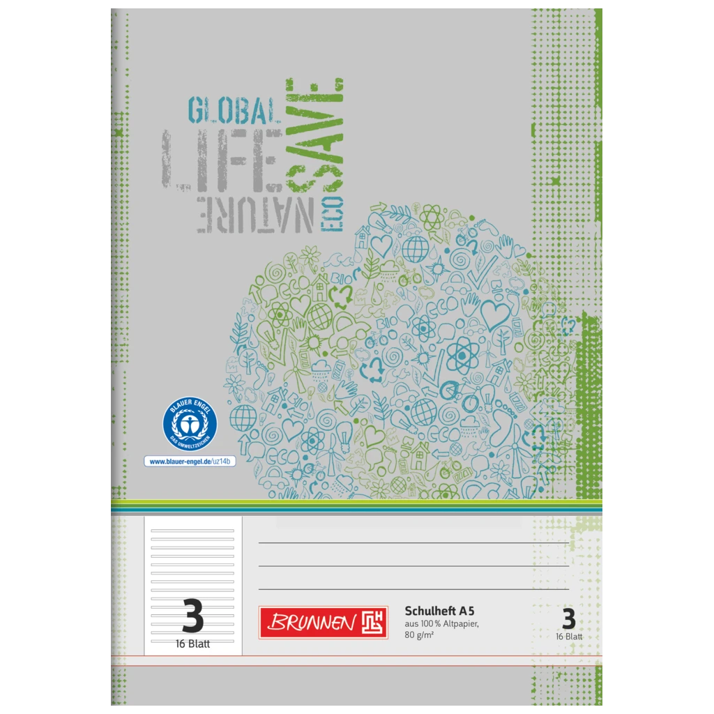 Schulheft Recycling | A5, Lineatur 3, 16 Blatt, grün/grau