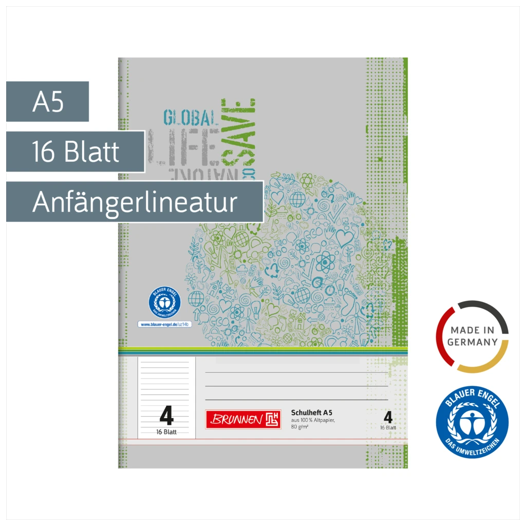 Schulheft Recycling | A5, Lineatur 4, 16 Blatt, grün/grau