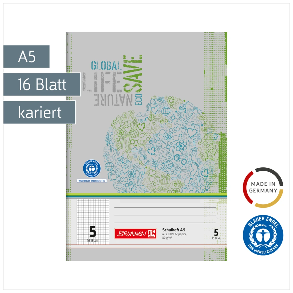 Schulheft Recycling | A5, Lineatur 5, 16 Blatt, grün/grau