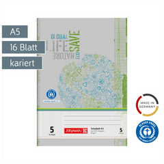 Schulheft Recycling | A5, Lineatur 5, 16 Blatt, grün/grau