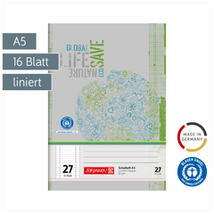 Schulheft Recycling | A5, Lineatur 27, 16 Blatt, grün/grau