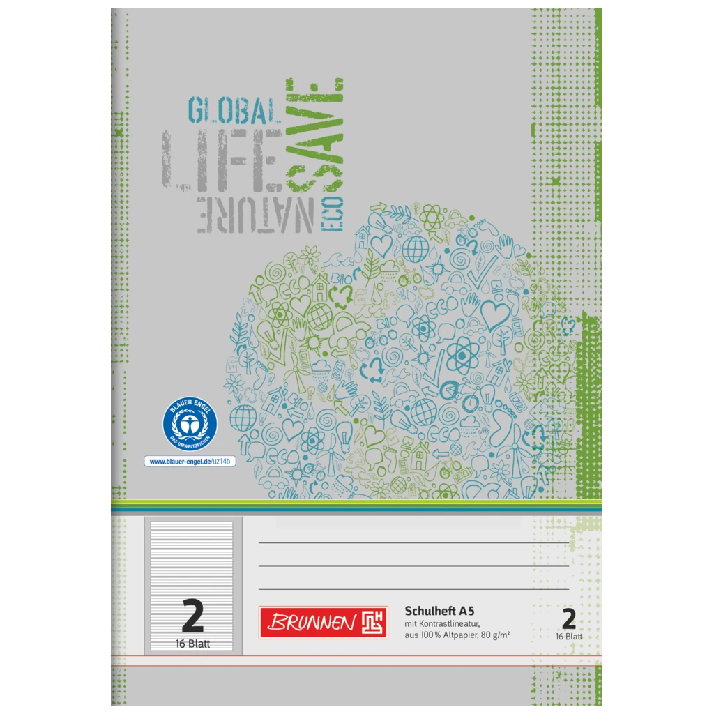 Schulheft Recycling | A5, Lineatur 2, 16 Blatt, grün/grau