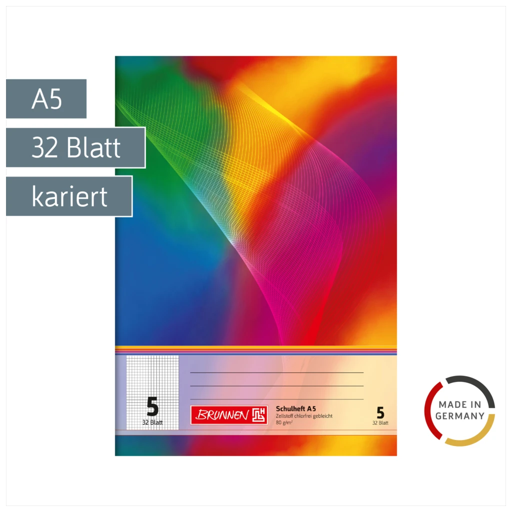 Schulheft | A5, Lineatur 5, 32 Blatt, mehrfarbig