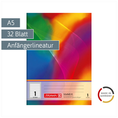 Schulheft | A5, Lineatur 1, 32 Blatt, mehrfarbig