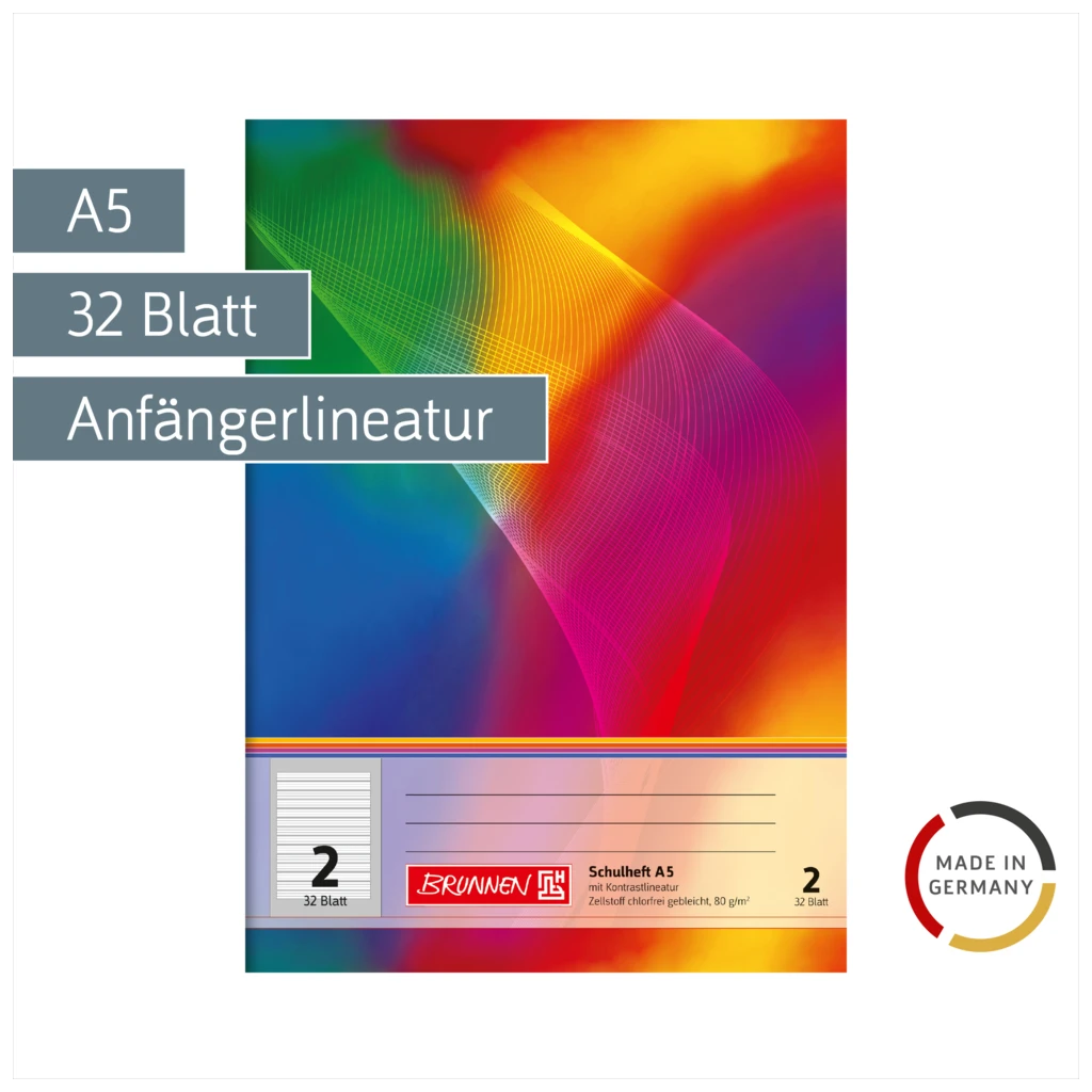 Schulheft | A5, Lineatur 2, 32 Blatt, mehrfarbig