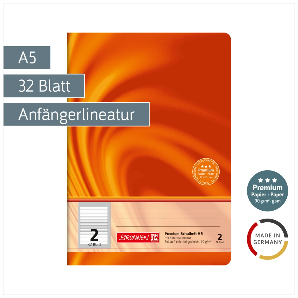 Schulheft Premium Vivendi | A5, Lineatur 2, 32 Blatt, orange