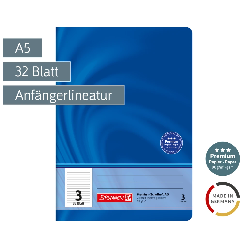 Schulheft Premium Vivendi | A5, Lineatur 3, 32 Blatt, blau
