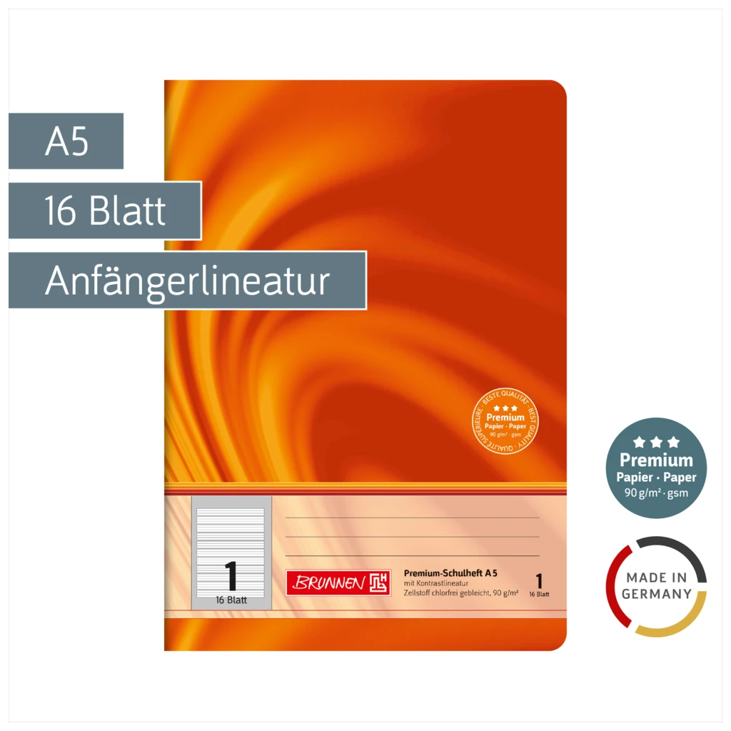 Schulheft Premium Vivendi | A5, Lineatur 1, 16 Blatt, orange