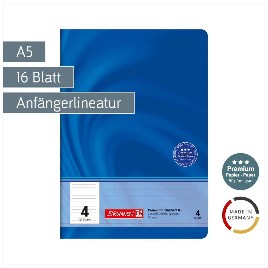 Schulheft Premium Vivendi | A5, Lineatur 4, 16 Blatt, blau