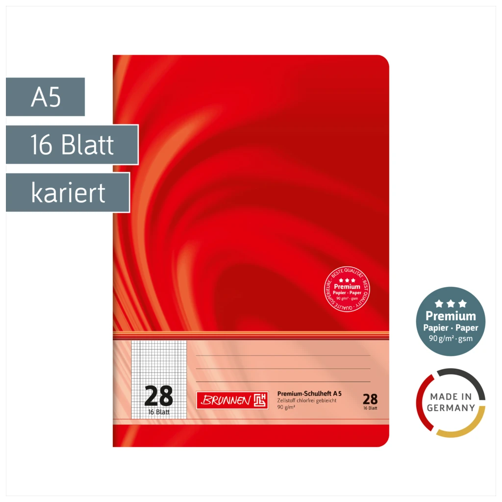Schulheft Premium Vivendi | A5, Lineatur 28, 16 Blatt, rot