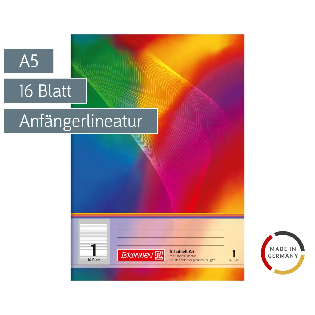 Schulheft | A5, Lineatur 1, 16 Blatt, mehrfarbig