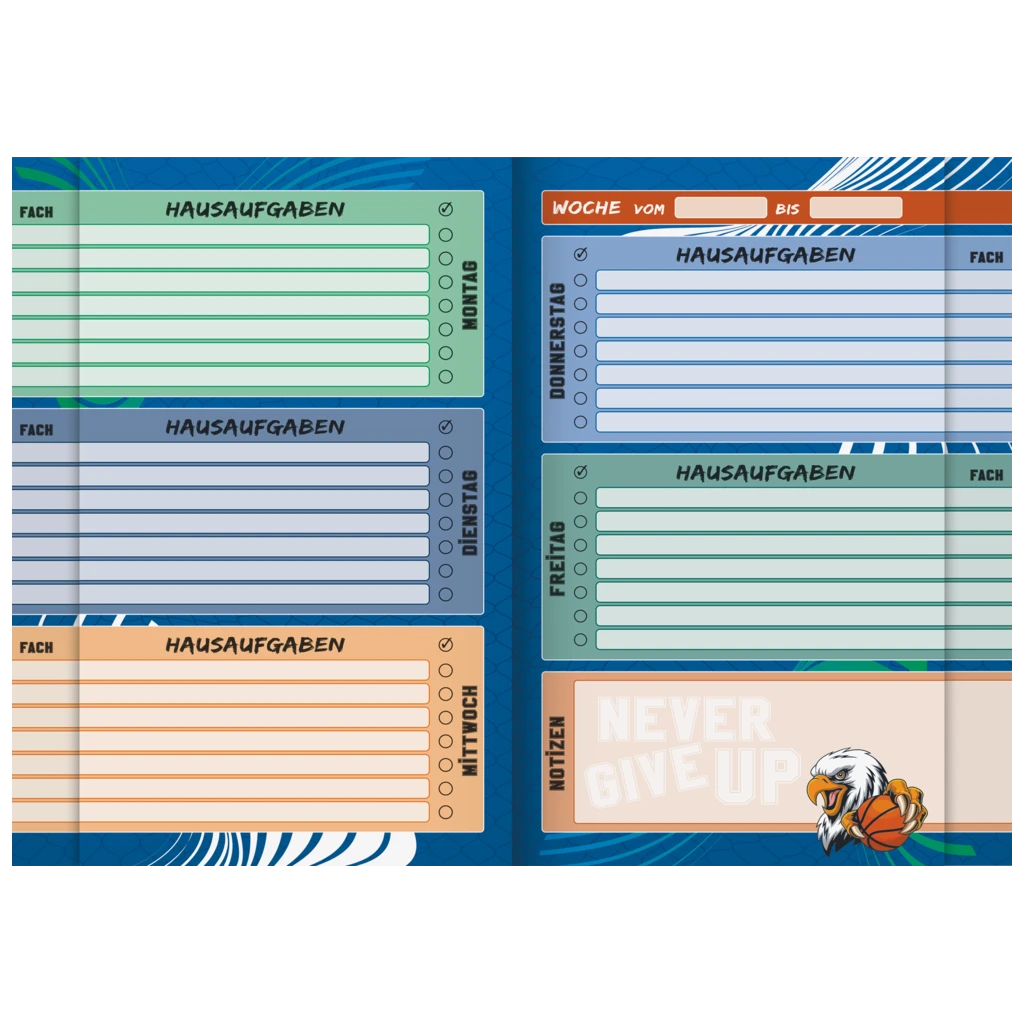 Hausaufgabenheft Sporty Animals | A5, 48 Blatt, blau/mehrfarbig