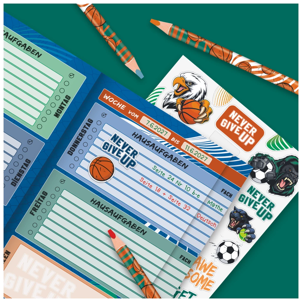 Hausaufgabenheft Sporty Animals | A5, 48 Blatt, blau/mehrfarbig