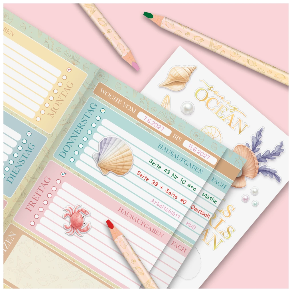 Hausaufgabenheft Sunny Ocean | A5, 48 Blatt, gold/mehrfarbig, pastell