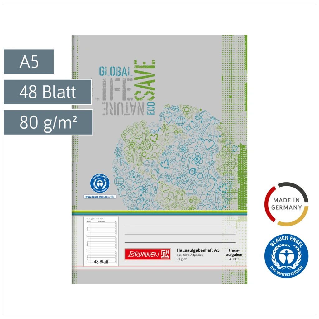 Hausaufgabenheft Recycling | A5, 48 Blatt, grün/grau