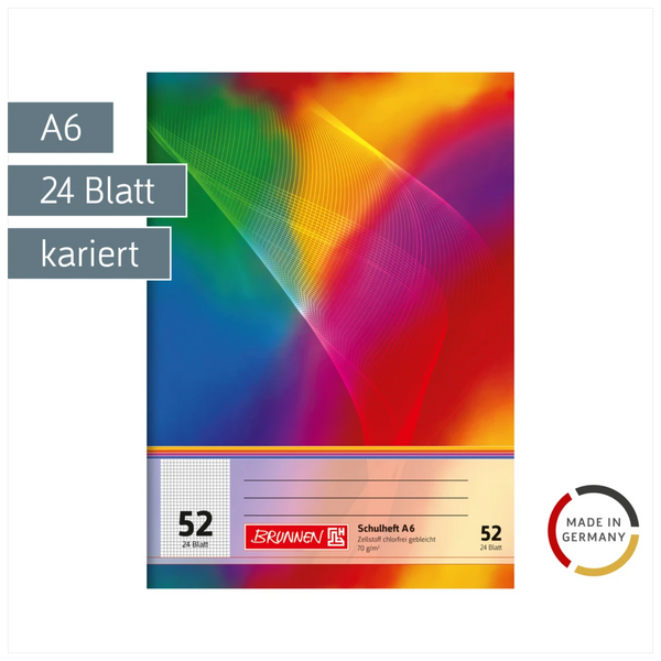 Schulheft | A6, Lineatur 52, 24 Blatt, mehrfarbig
