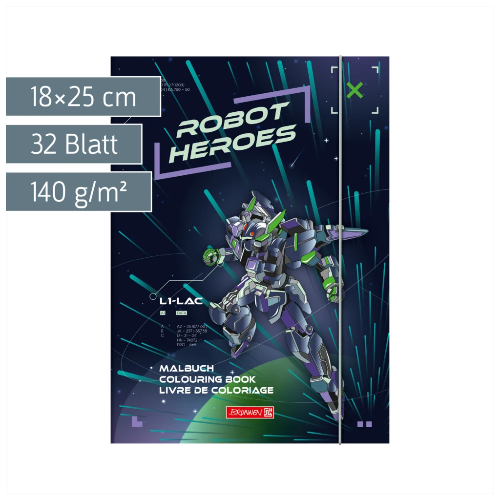 Ausmalheft Robot Heroes | 32 Blatt, dunkelblau/lila