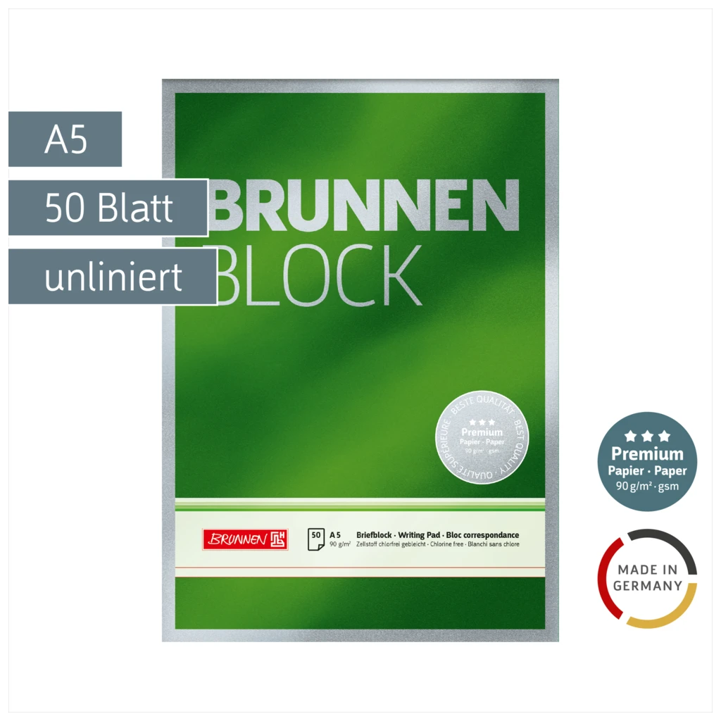 Briefblock Premium „BRUNNEN-Block“ | A5, Lineatur 6, 50 Blatt, grün