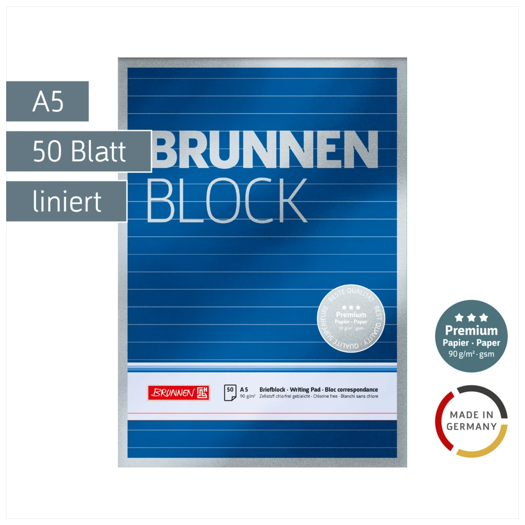 Briefblock Premium „BRUNNEN-Block“ | A5, liniert, 50 Blatt, blau