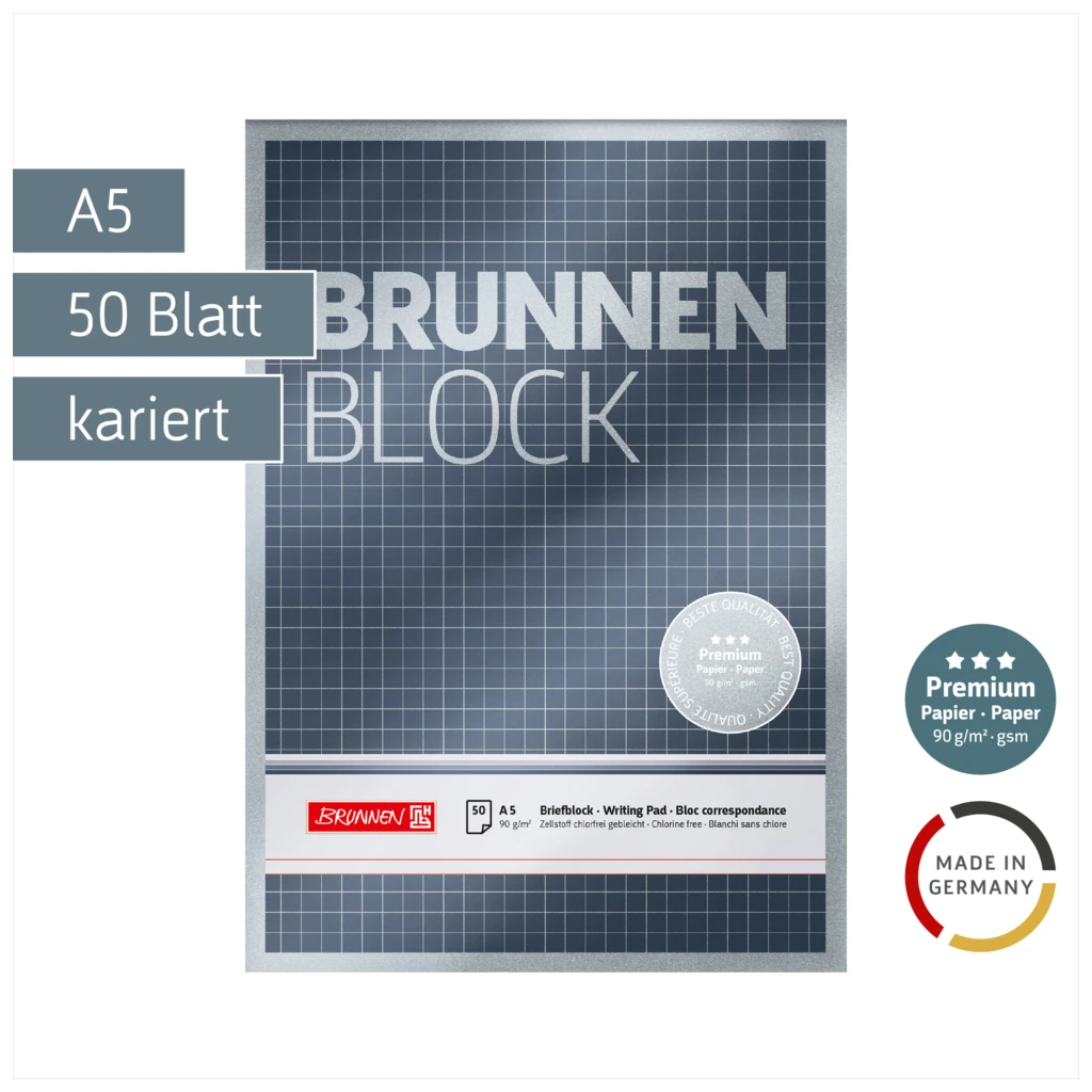 Briefblock Premium „BRUNNEN-Block“ | A5, Lineatur 5, 50 Blatt, silber