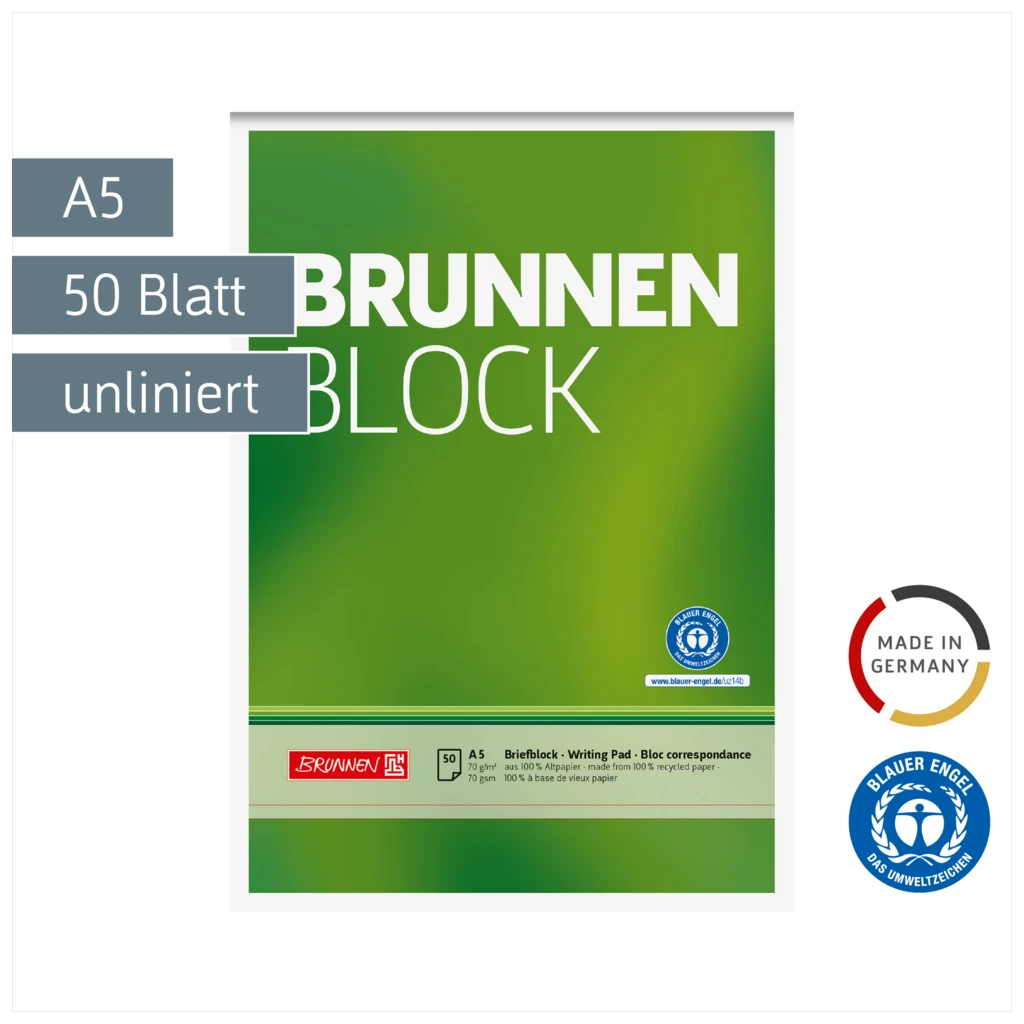 Briefblock „BRUNNEN-Block“ Recycling | A5, Lineatur 6, 50 Blatt, grün